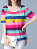 Casual Round Neck Multi-Color Striped High-Low Blouse