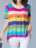 Casual Round Neck Multi-Color Striped High-Low Blouse