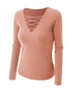 Casual V-Neck Lace-Up Plain Long Sleeve T-Shirt