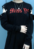 Black Monogram Print Irregular Off Shoulder Loose Pullover Sweatshirt