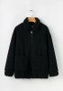Black Pockets Fur Lamb Wool Turndown Zipper Collar Long Sleeve Fashion Cardigan Coat