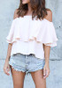 Beige Ruffle Off Shoulder Boat Neck Short Sleeve Blouse