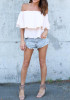 Beige Ruffle Off Shoulder Boat Neck Short Sleeve Blouse