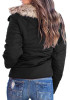 Black Patchwork Pockets Zipper Fur Turndown Collar Long Sleeve Parka Coat