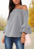 Grey Plaid Irregular Ruffle Boat Neck Long Sleeve Casual Blouse