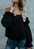 Black Plain Drawstring Ruffle Boat Neck Fashion Blouse Black Plain Drawstring Ruffle Boat Neck Fashion Blouse