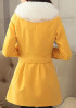 Yellow Patchwork Fur Collar Pockets Bow Double Breasted Long Sleeve Coat