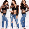 Black Patchwork Lace Round Neck Zipper Casual Coat