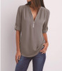 Grey Zipper Buttons V-neck Casual Blouse