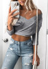Grey Crop Cut Out Boat Neck Long Sleeve Fashion T-Shirt