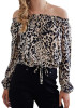Black Leopard Print Drawstring Off Shoulder Backless Going out Blouse