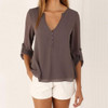 Coffee Plain Irregular V-neck Long Sleeve Fashion Blouse