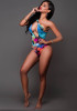 Blue Colorful Asymmetric Shoulder Cut Out Draped Swimwear With Cloak