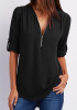 Black Zipper Buttons V-neck Casual Blouse