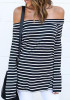 Black-White Striped Boat Neck Off Shoulder Double Slit Fashion T-Shirt