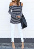 Black-White Striped Boat Neck Off Shoulder Double Slit Fashion T-Shirt