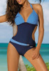 Dark Blue Patchwork Cut Out Halter Neck Plunging Neckline Swimwear