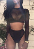 Black Patchwork Grenadine Skinny Two Piece Round Neck High Waisted Beach Swimwear