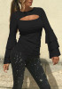 Black Cut Out Cascading Ruffle Round Neck Casual Blouse