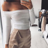 White Off Shoulder Boat Neck Fashion Cotton Crop T-Shirt