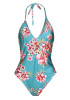 Turquosice Flowers One Piece Open Back Halter Neck Swimwear Turquosice Flowers One Piece Open Back Halter Neck Swimwear