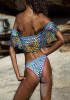 Blue Colorful Cut Out Off Shoulder Beach Party One Piece Bikini Swimwear