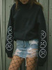 New Black Flowers Print Round Neck Long Sleeve Fashion Sweatshirt