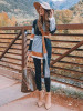 New Grey Color Block Print Belt Long Sleeve Casual Cardigan Sweater