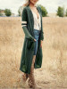 New Green-White Striped Pockets Long Sleeve Casual Knit Cardigan Coat