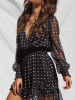 New Black Polka Dot Print Grenadine V-neck Long Sleeve Mini Dress