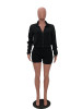 New Black Zipper Drawstring Long Sleeve Turndown Collar Casual Jumpsuit Pants