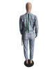 New Grey Striped Patchwork Pockets Long Sleeve Elastic Waist Two Piece Streetwear Jumpsuit Pants
