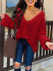 New Red V-neck Long Sleeve Going out Casual Pullover Sweater