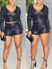 New Black Patchwork Sequin Two Piece Deep V-neck Long Sleeve Clubwear Short Jumpsuit