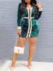 Green Patchwork Sequin Lace-up Bodycon Long Sleeve V-neck Party Clubwaer Mini Dress