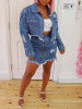 Blue Zipper Pockets Ripped Destroyed Turndown Collar Casual Denim Coat