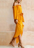 Yellow Irregular Sashes Ruffle Off Shoulder Backless Long Sleeve Party Midi Dress