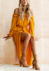 Yellow Irregular Sashes Ruffle Off Shoulder Backless Long Sleeve Party Midi Dress