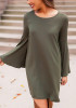 Casual Olive Plain Round Neck Long Sleeve Casual Mini Dress