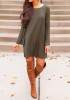 Casual Olive Plain Round Neck Long Sleeve Casual Mini Dress