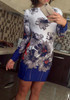 Casual New Women Blue Floral Round Neck Long Sleeve Mini Dress