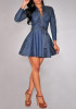Casual Navy Blue Single Breasted Belt Long Sleeve Denim Mini Dress