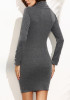 Grey Plain Studded Belt Long Sleeve Mini Dress