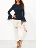 Casual Crew Neck Contrast Trim Bell Long Sleeve T-Shirt