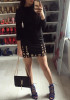 Casual Black Plain Hollow-out Irregular Metal Grommets Long Sleeve Mini Dress