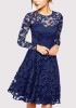 Sapphire Blue Patchwork Lace Draped Long Sleeve Fashion Midi Dress