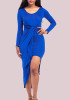 Royal Blue Irregular Bodycon Round Neck Long Sleeve Party Midi Dress