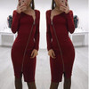 Red Zipper Cut Out Long Sleeve Fashion Midi Dress