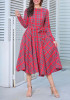 Red Plaid Belt Draped Round Neck Long Sleeve Vintage Midi Dress
