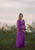 Purple Patchwork Lace Draped Maternity Deep V-neck Long Sleeve Maxi Dress